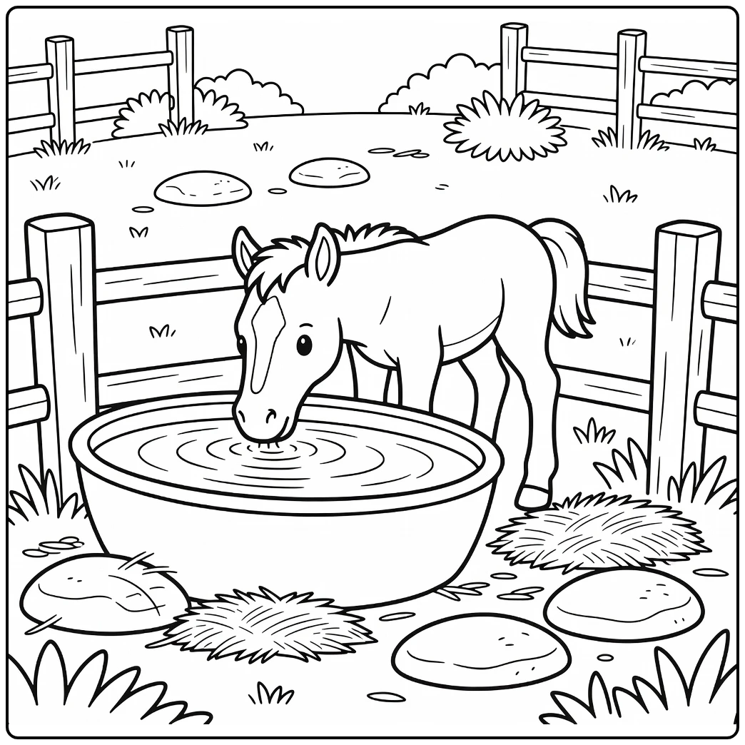 Baby horse coloring page with foal at water trough