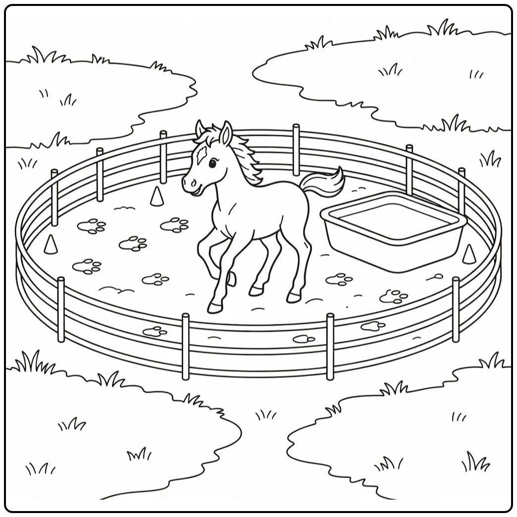 Baby horse coloring page playful trot in round training pen