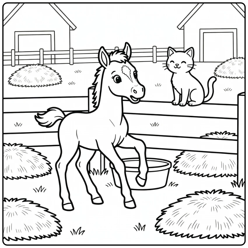 Baby horse coloring page with surprised foal and farm cat