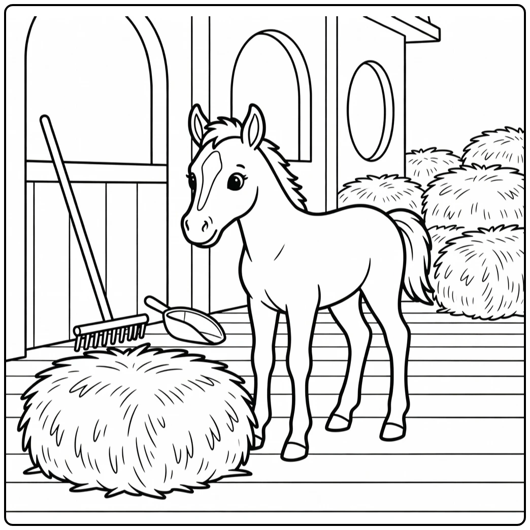 Baby horse coloring page of foal reaching for hay bale