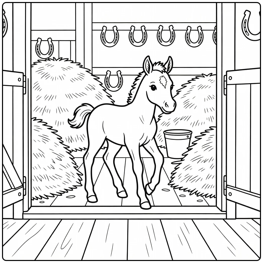 Baby horse coloring page of foal in clean barn