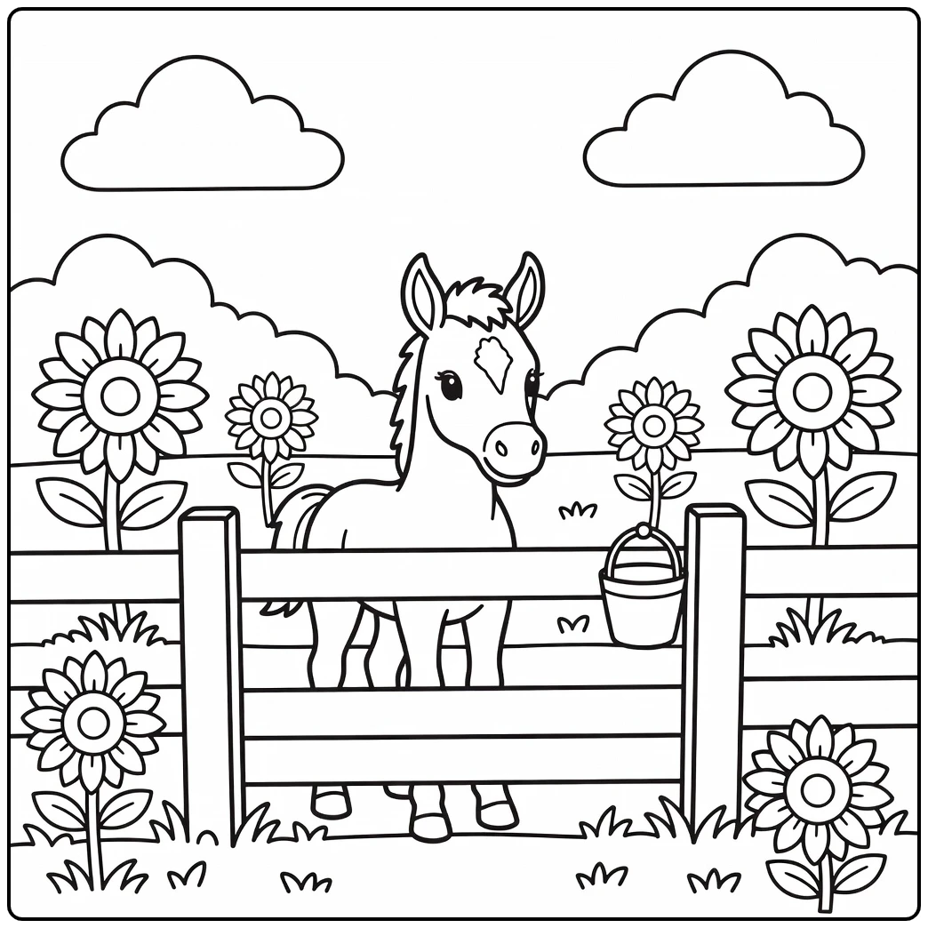 Baby horse coloring page of curious foal by pasture gate