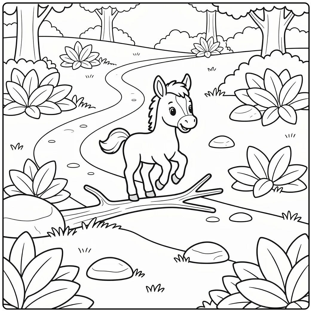 Baby horse coloring page cute foal jump over branch in meadow