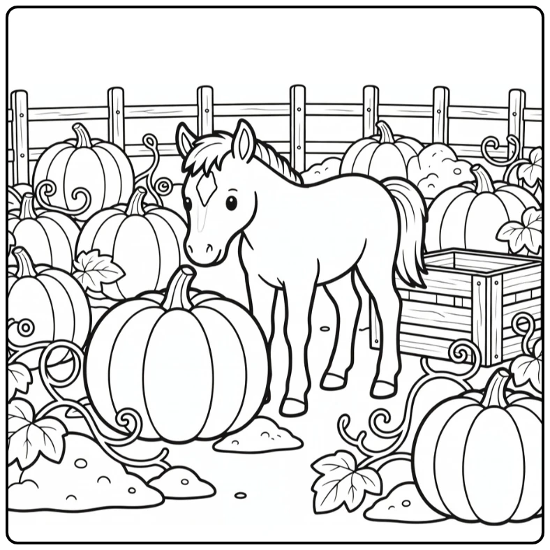 Baby horse coloring page foal sniffing pumpkin in patch