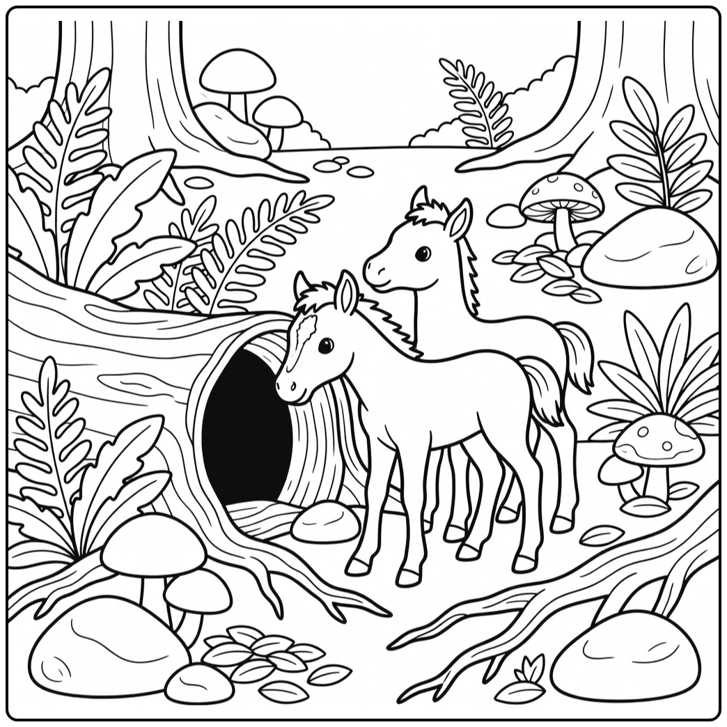 Baby horses coloring page with foals exploring woodland