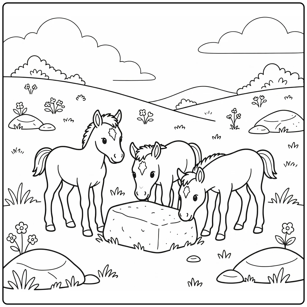 Baby horses coloring page of foals by mineral lick on hill