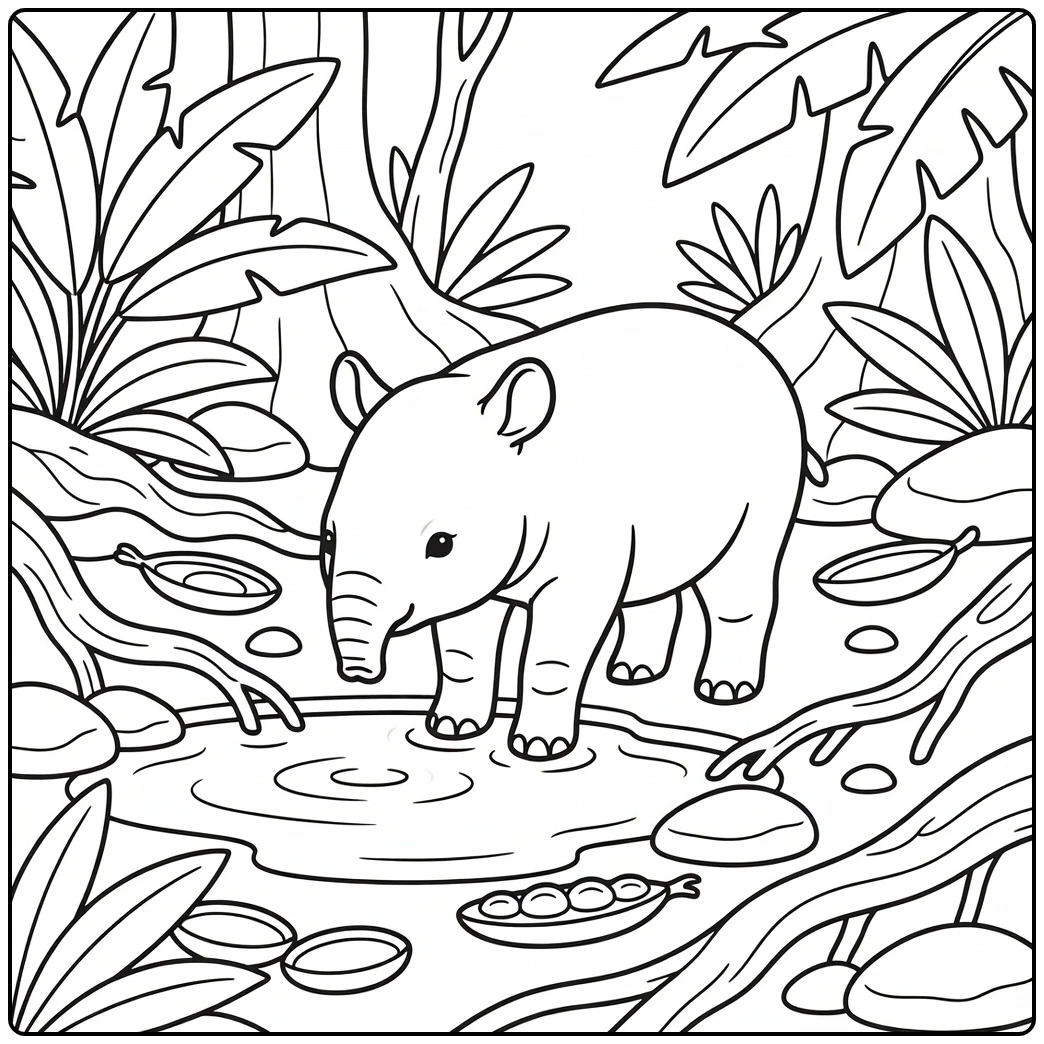 Baby jungle animal coloring page: baby tapir sniffing puddle