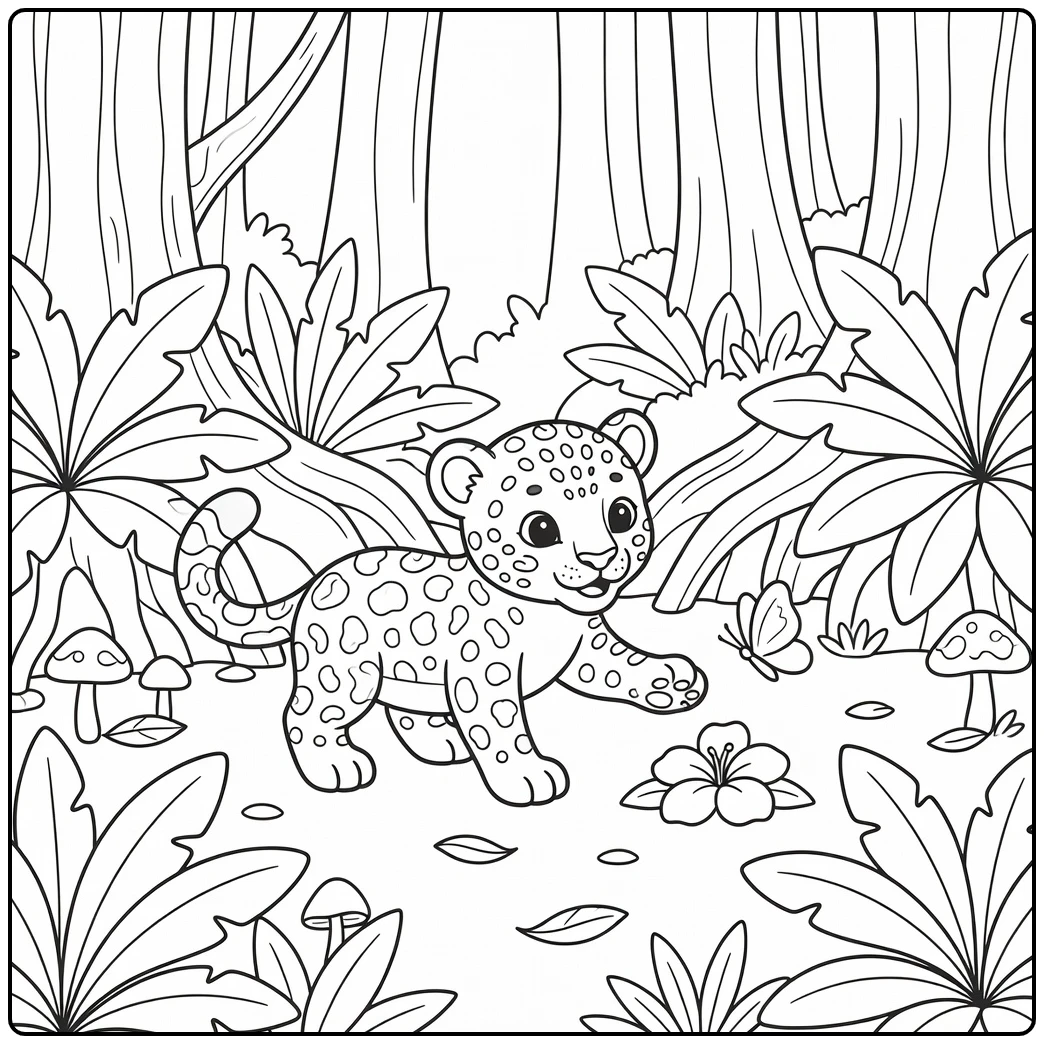 Baby jungle animal coloring page: jaguar cub paws at butterfly