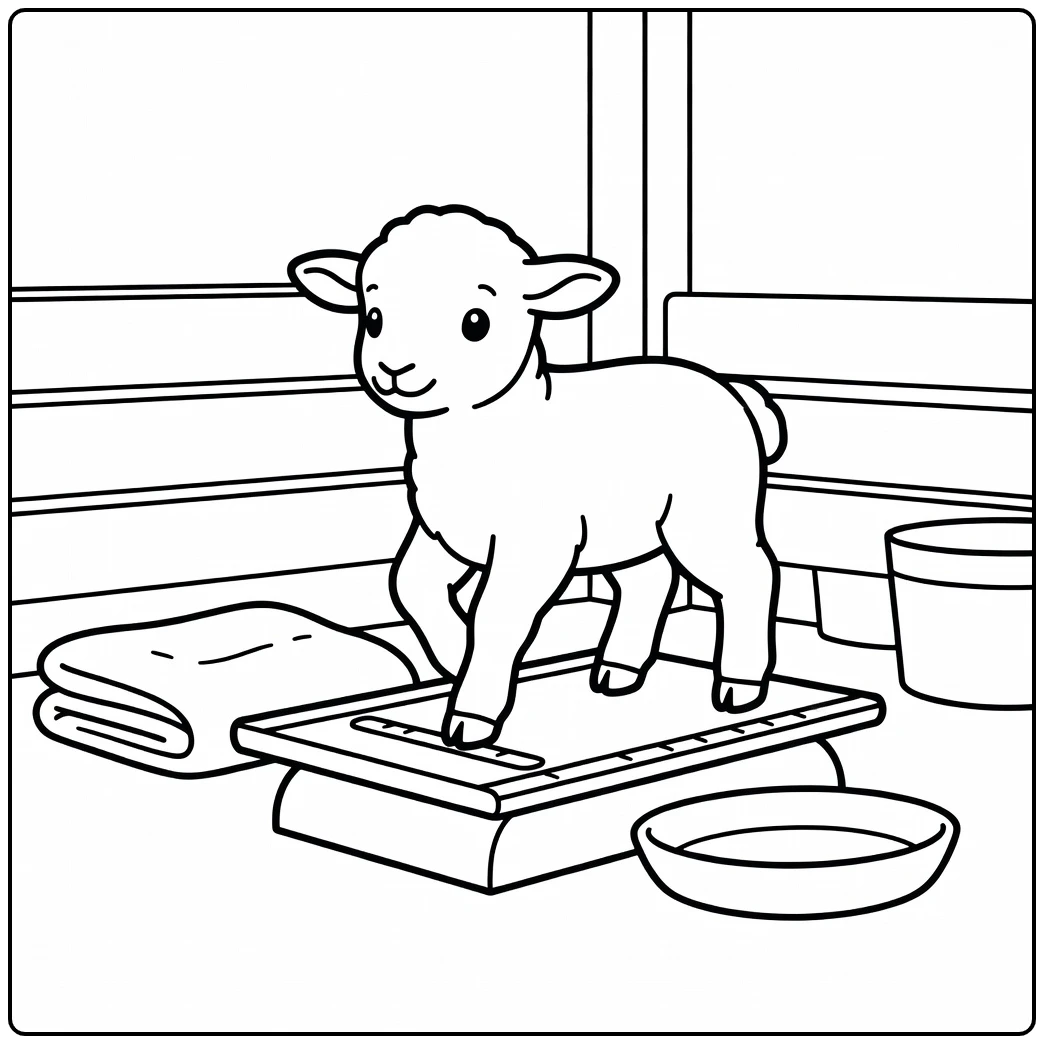 Baby lamb coloring page with lamb on wooden scale