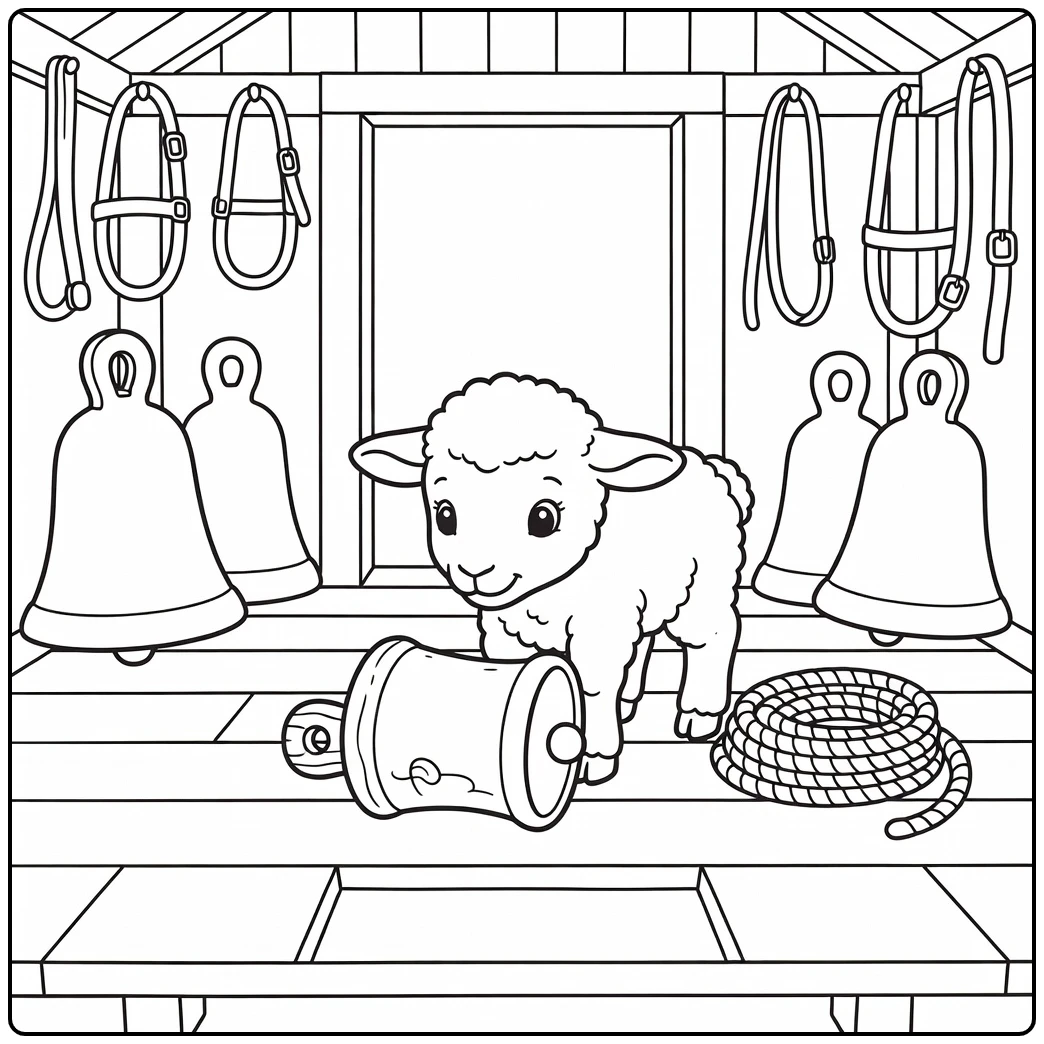 Adorable baby lamb coloring page exploring wooden bell