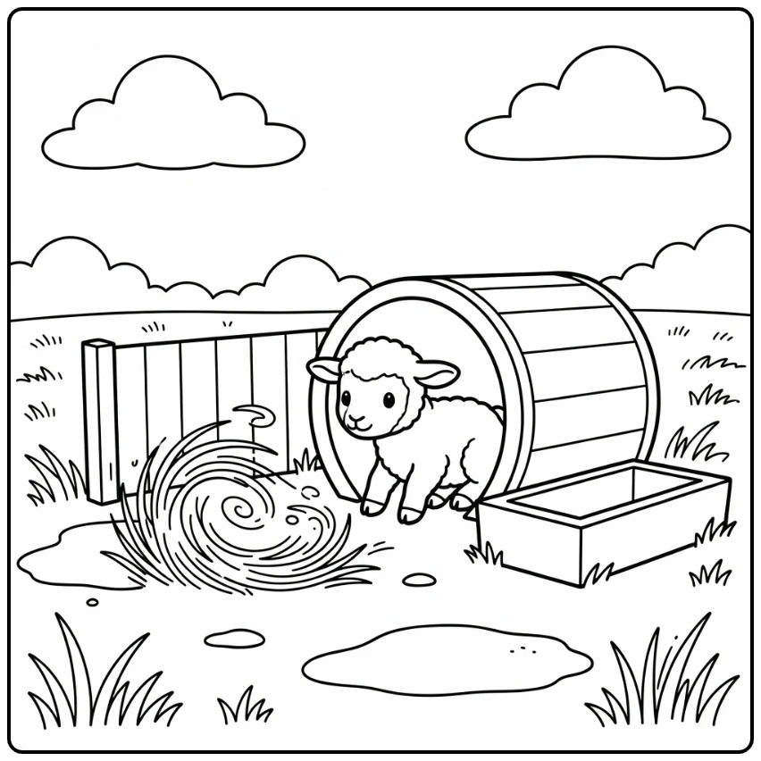 Cute baby lamb coloring page peeking from barrel shelter