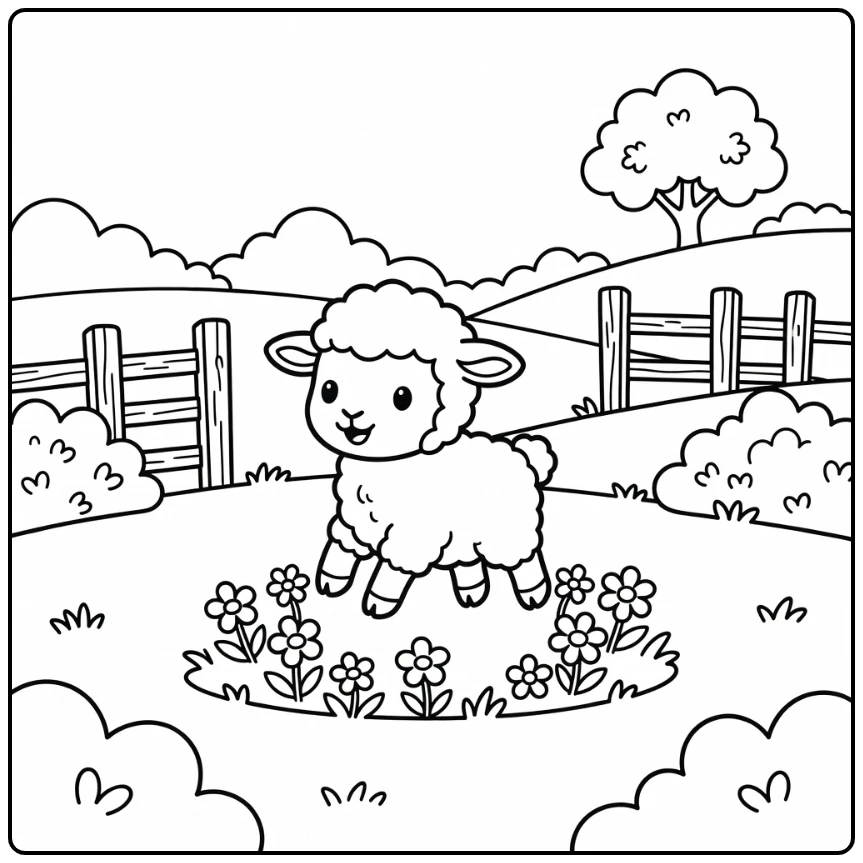 Playful baby lamb hopping over wildflowers, baby animal coloring pages (58 chars)