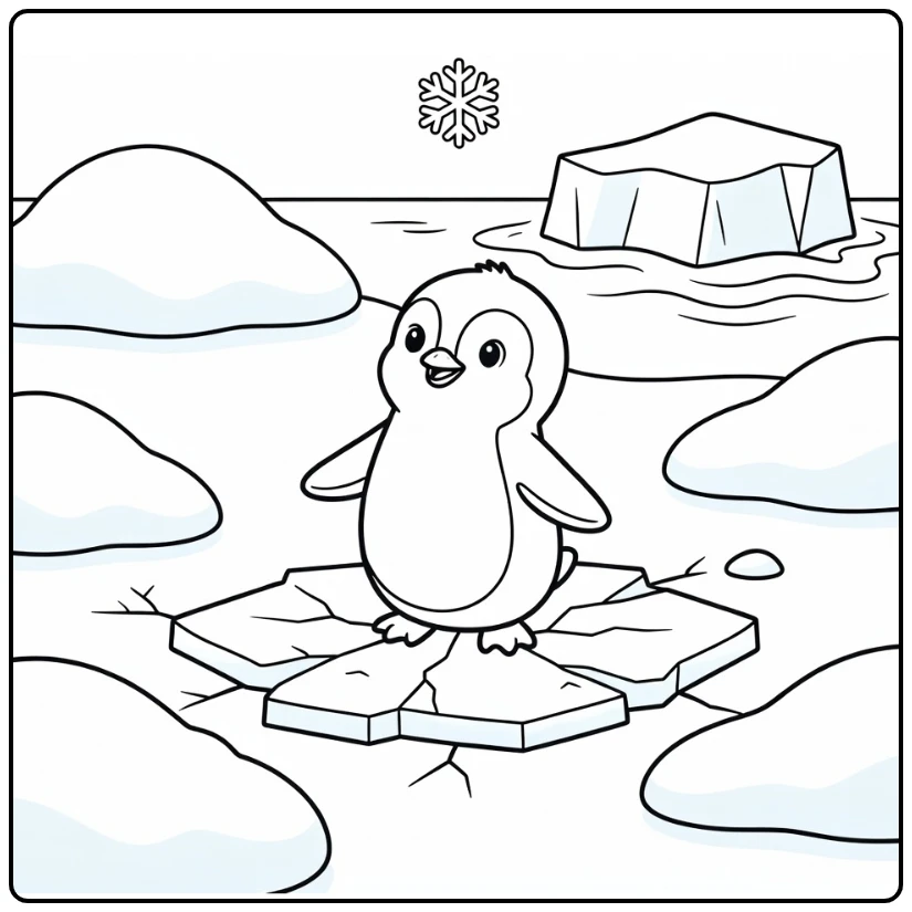 Penguin chick on ice eyes snowflake, baby animal coloring pages