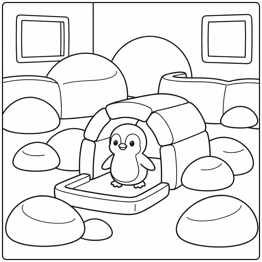Baby zoo coloring page: baby penguin in arched tunnel nursery
