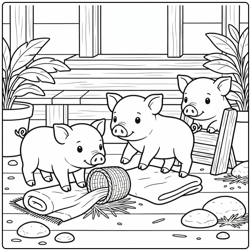 Baby pig coloring page with three piglets on farmhouse porch