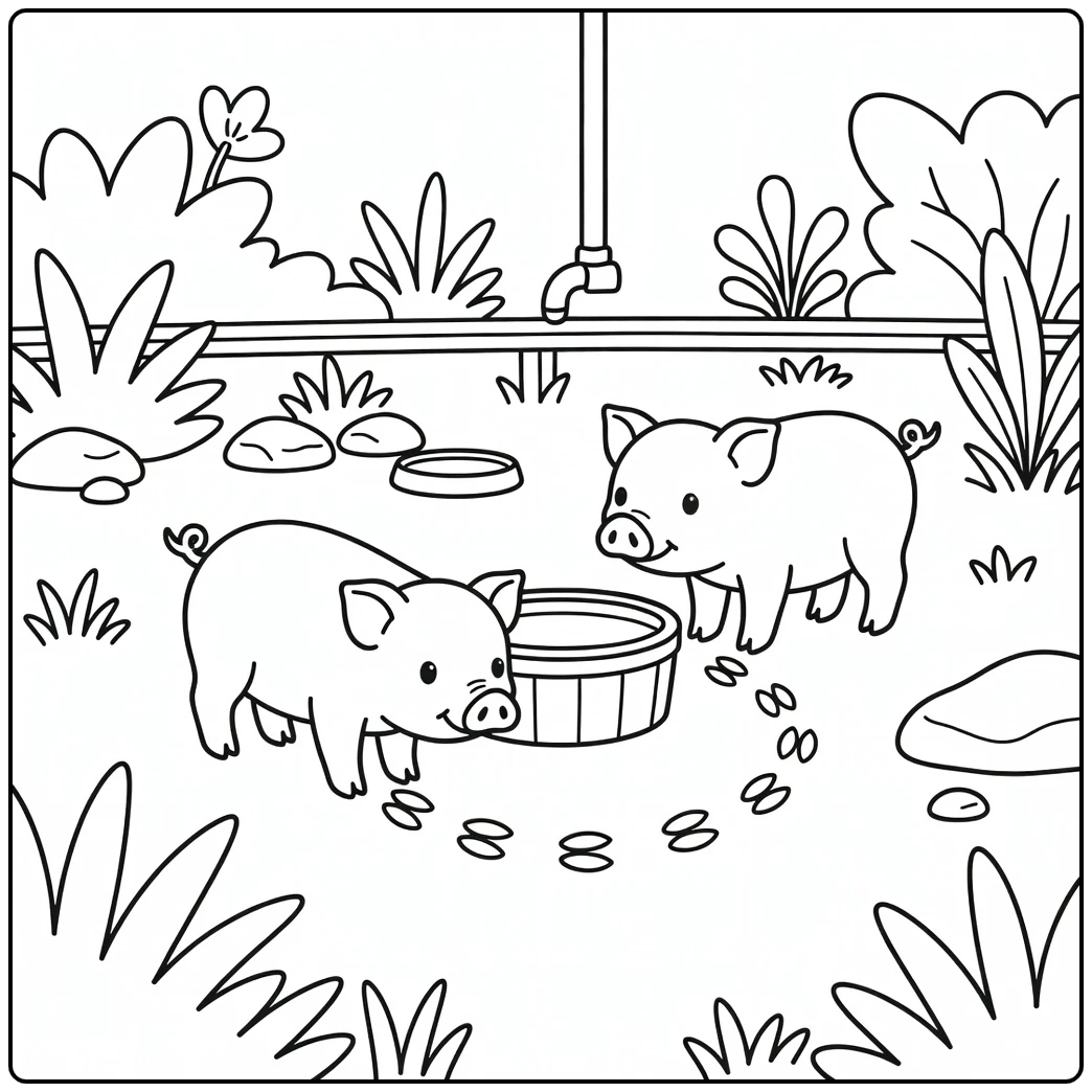 Baby pig coloring page with two piglets on farm trail