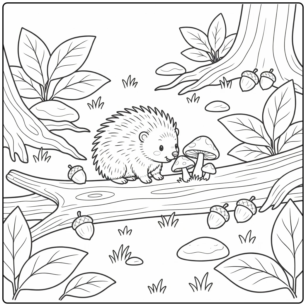 Cute wild animal coloring page: baby porcupine sniffing mushrooms