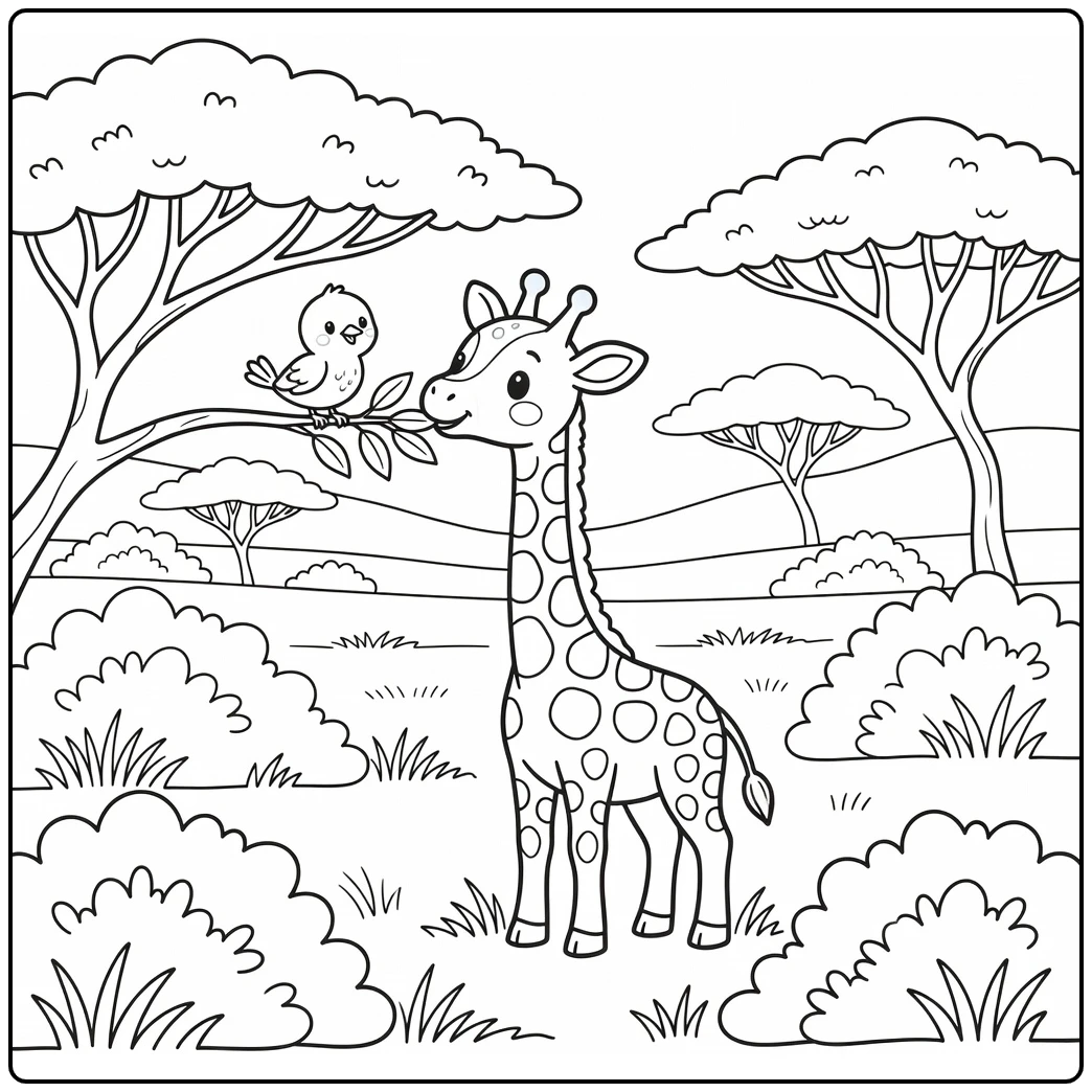 Baby safari animals coloring page with giraffe and bird