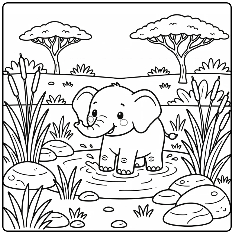 Baby safari animals coloring page with elephant splashing water