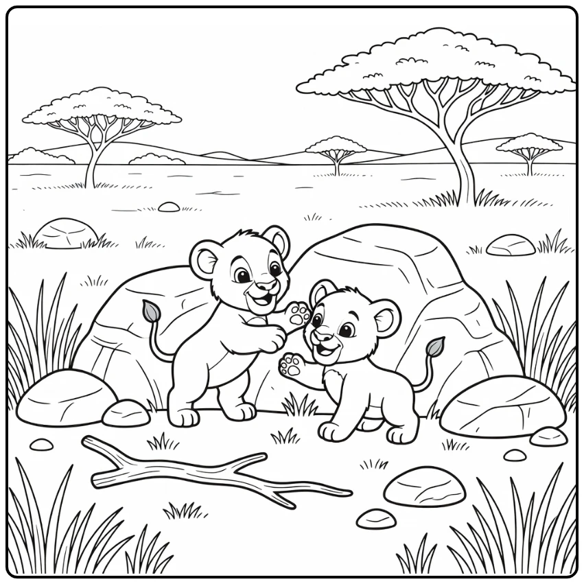 Baby safari animals coloring page showing lion cubs in savanna