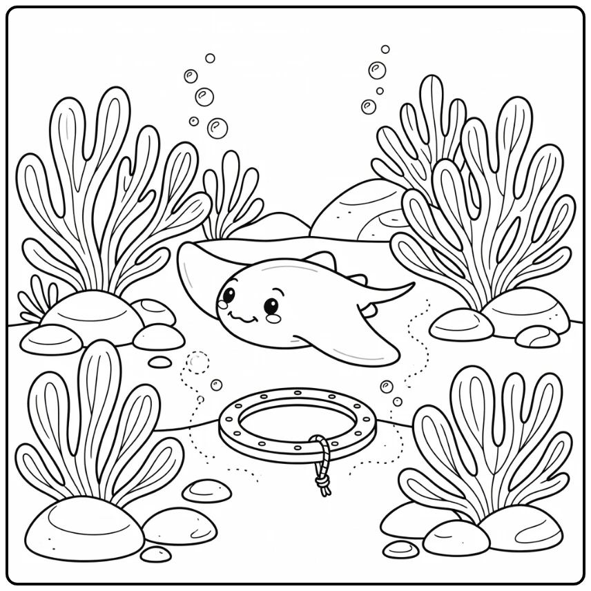 Baby sea animals coloring page: baby ray over shipwreck porthole