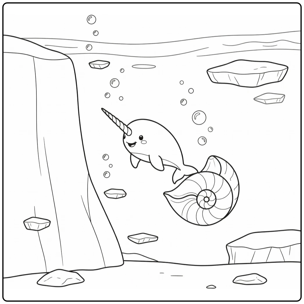 Baby sea animals coloring page: narwhal dives near ice wall