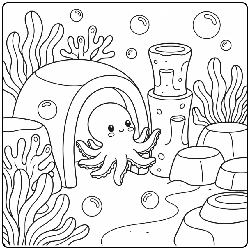Baby sea animals coloring page: octopus in reef nursery