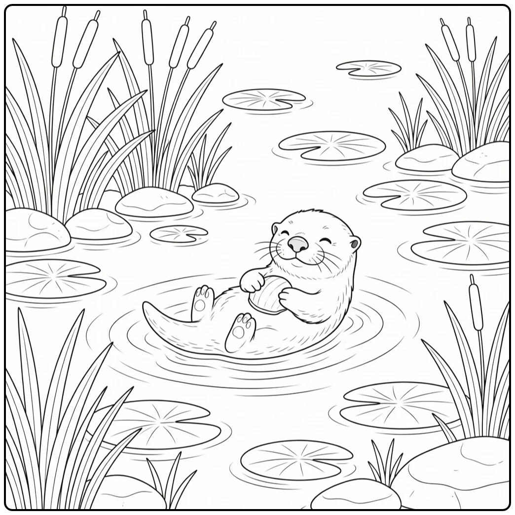 Realistic cute animal coloring page: baby sea otter with shell