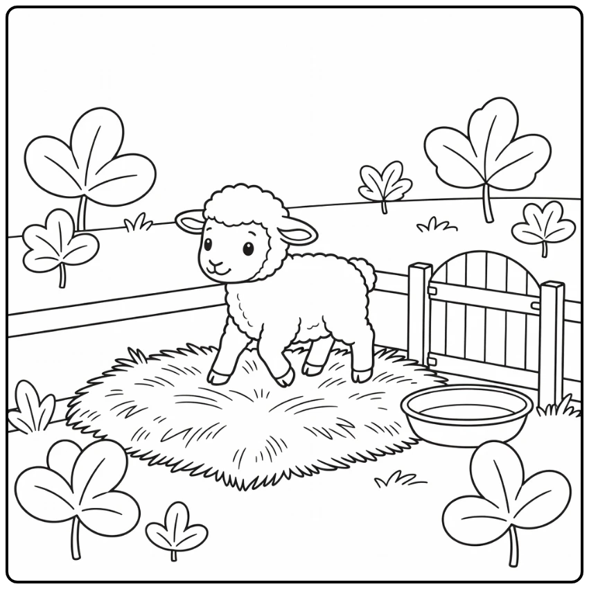 Baby sheep coloring page with wobbly lamb on farm