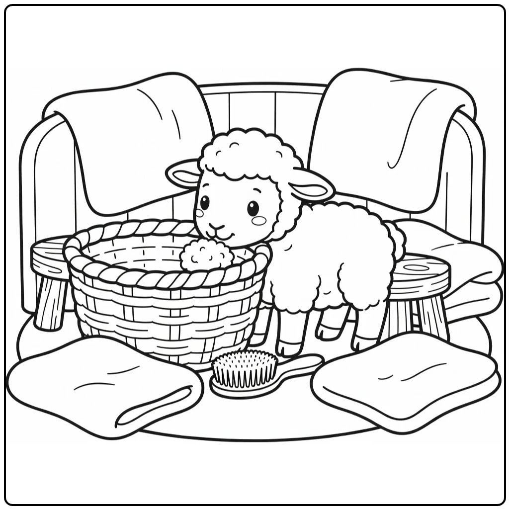 Baby sheep coloring page lamb near wool basket