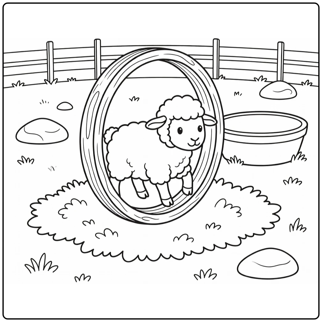 Baby sheep coloring page stepping through farm hoop