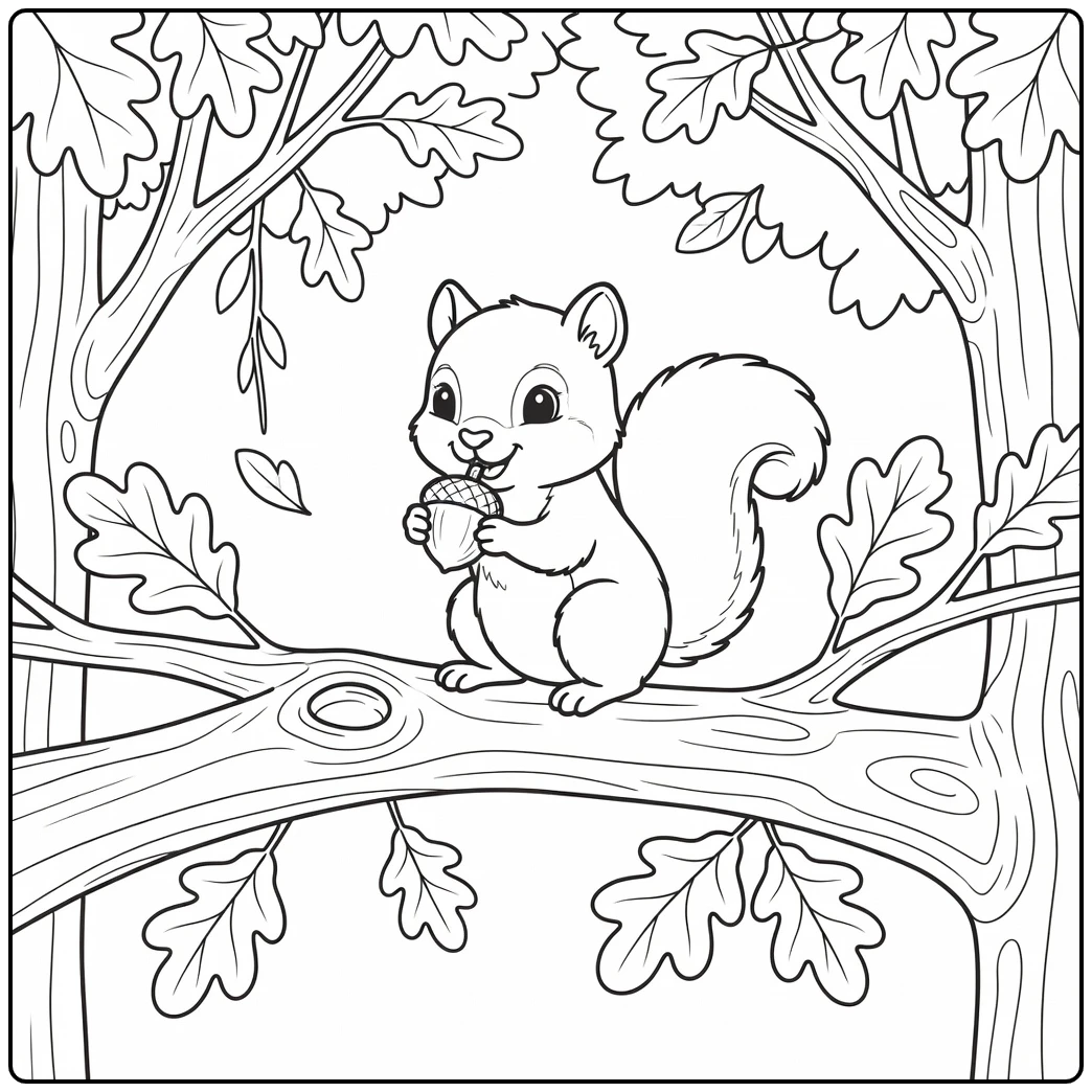 Cute baby squirrel kit nibbling acorn on branch, baby animal coloring pages