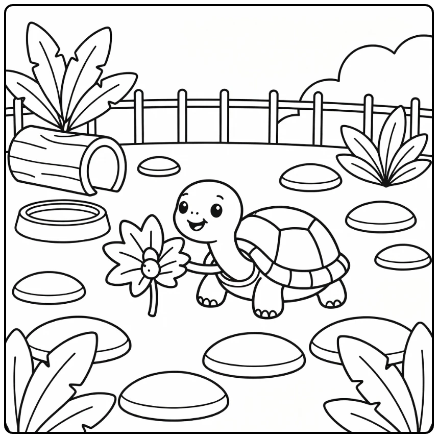 Preschool zoo coloring page: baby tortoise stretches for leafy snack