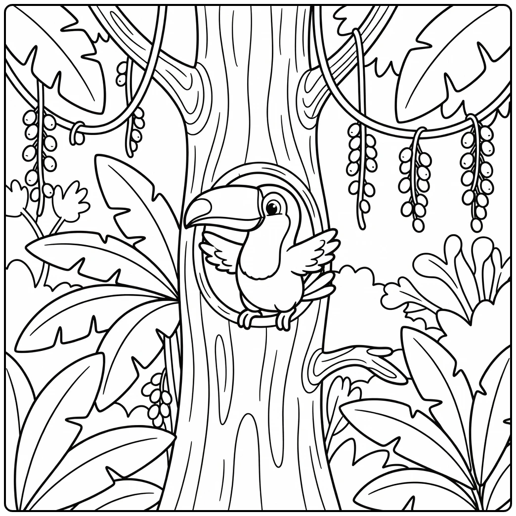 Cute jungle animal coloring page: baby toucan stretching wings in treetop