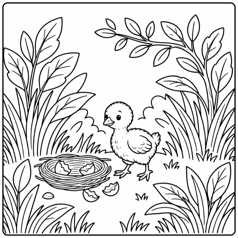Baby turkey coloring page with poult near nest and leaves