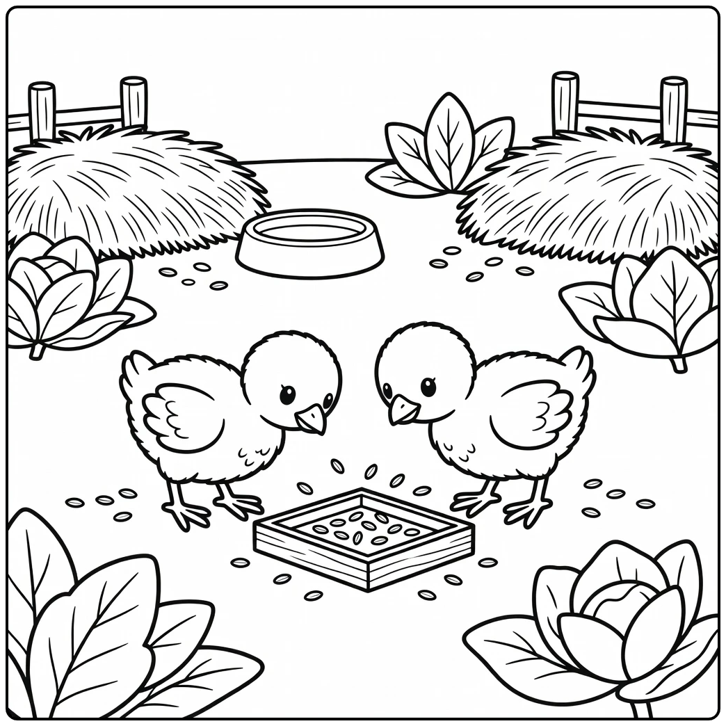 Baby turkey coloring page with poults pecking seeds by tray