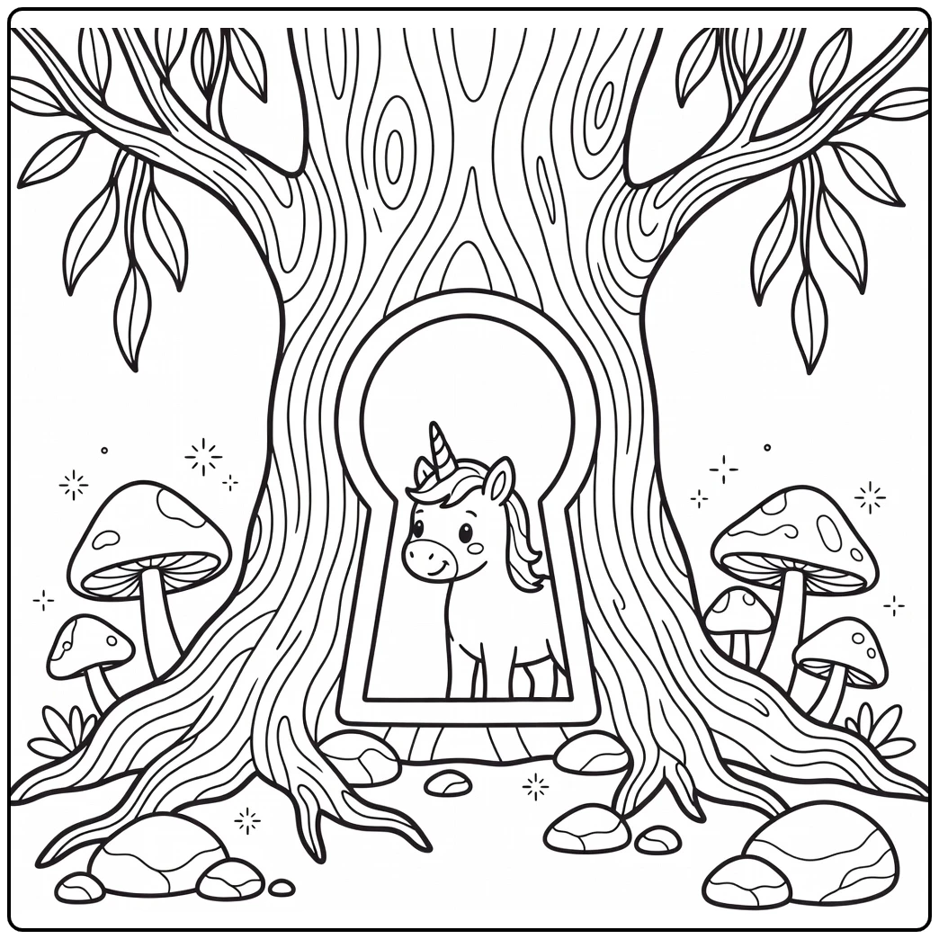 Baby unicorn coloring page: foal peeks at tree keyhole door