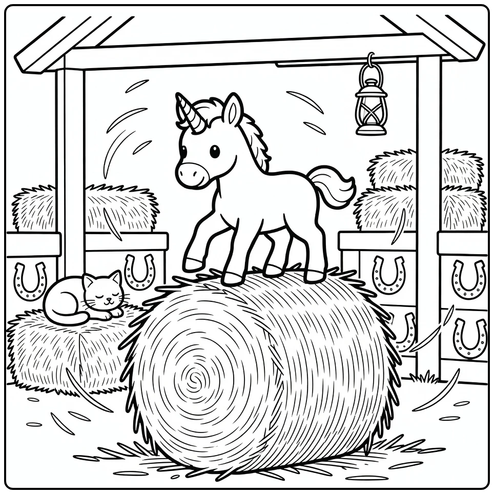 Baby unicorn coloring page of foal balancing on hay bale