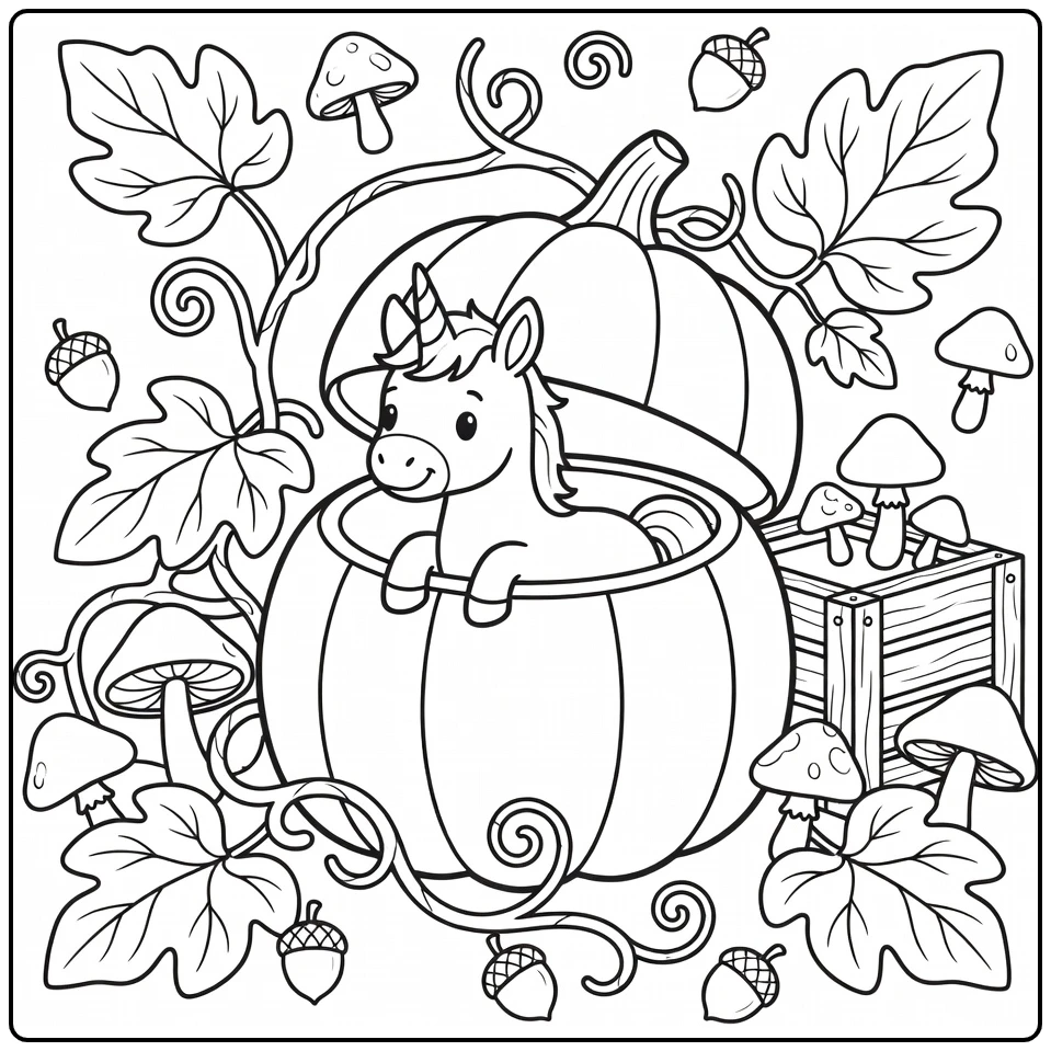 Baby unicorn coloring page: foal peeking from pumpkin shell