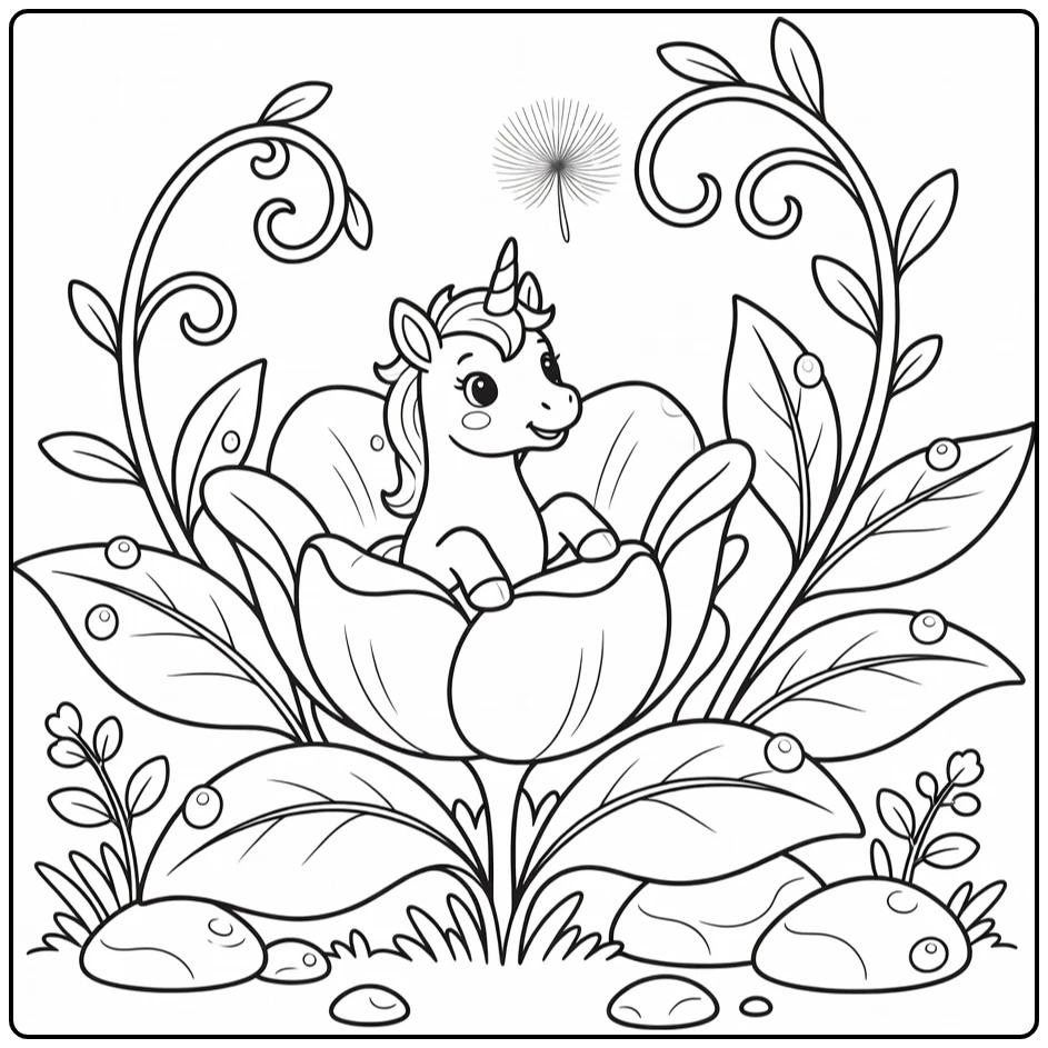 Baby unicorn coloring page: foal peeks from flower bud