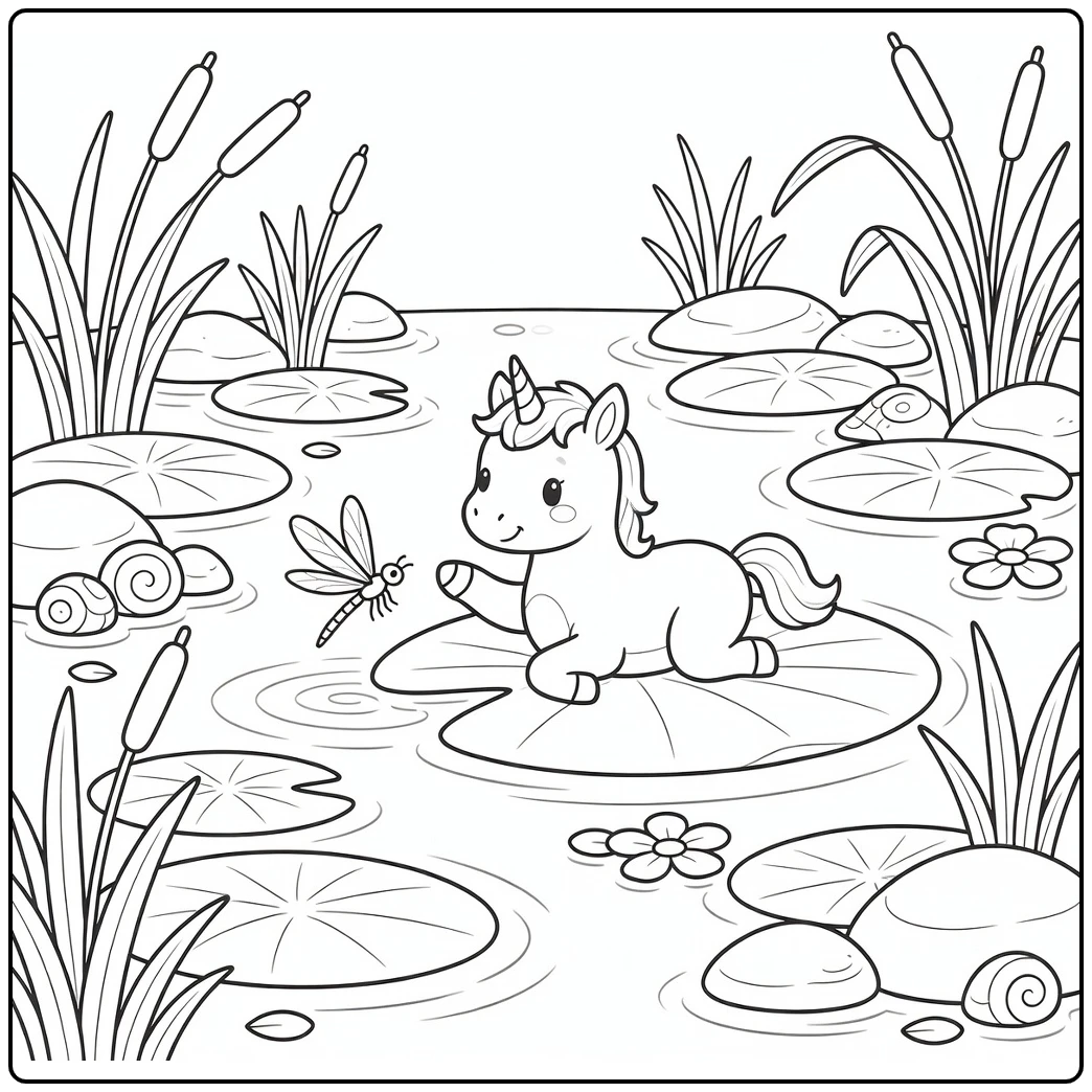 Baby unicorn coloring page: foal on lily pad reaches for dragonfly