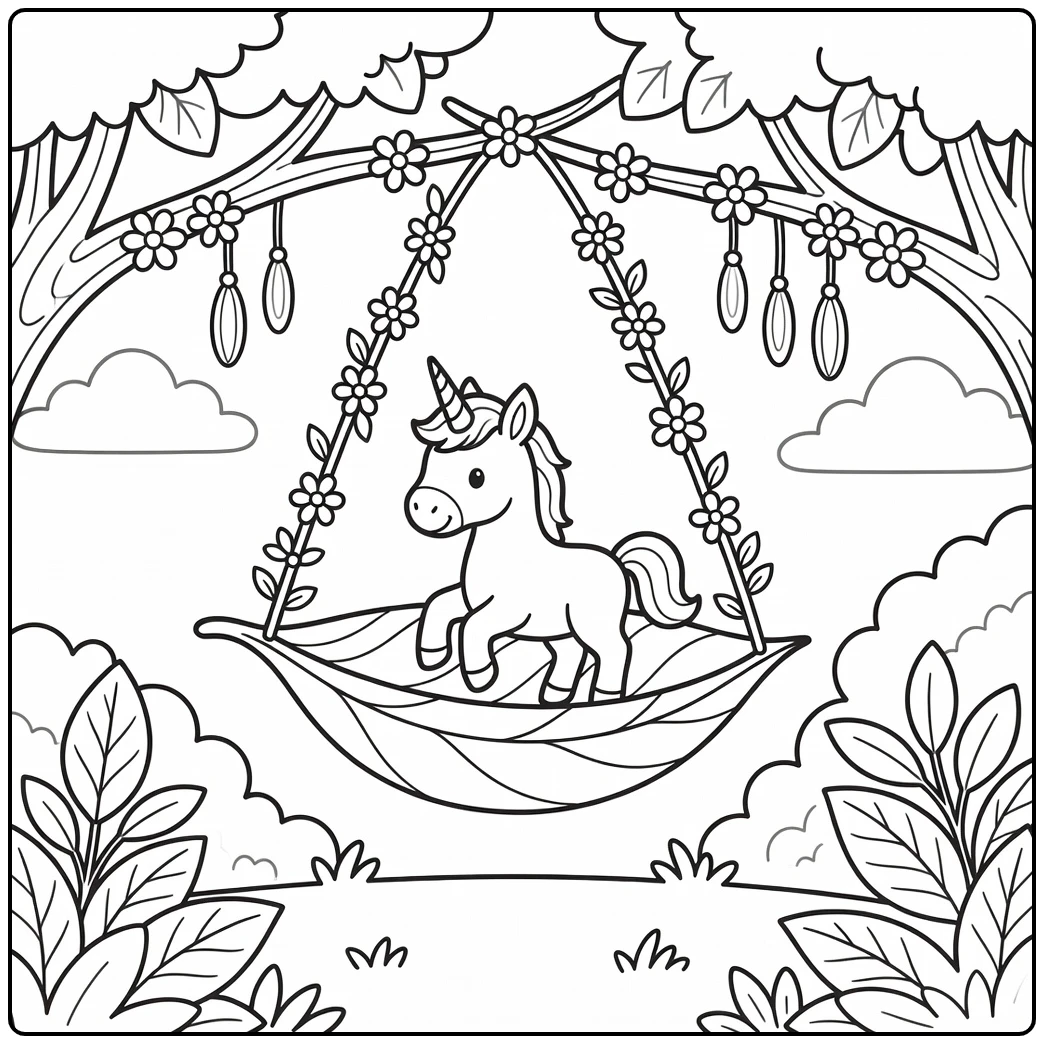 Baby unicorn coloring page: foal spinning in leaf swing