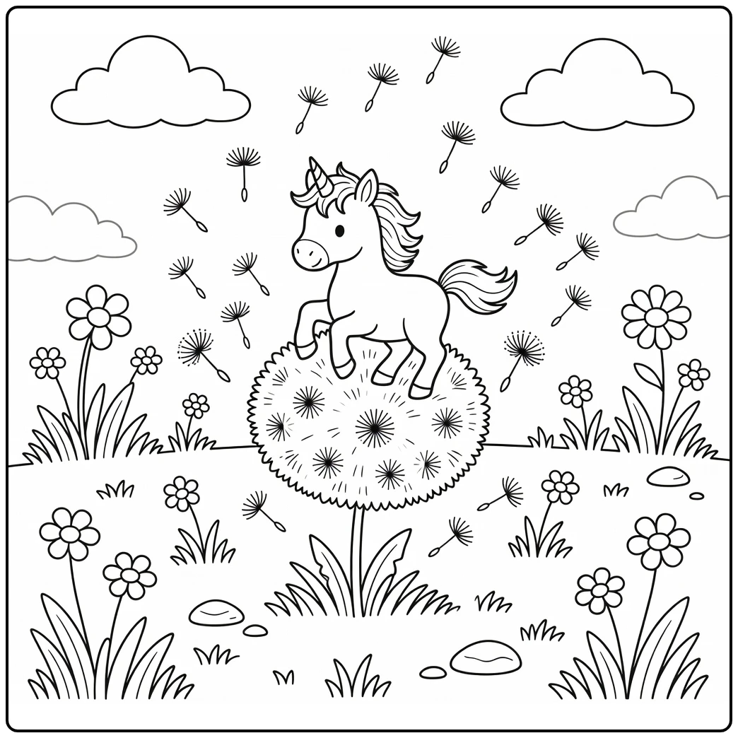 Baby unicorn coloring page: foal bouncing on dandelion puff