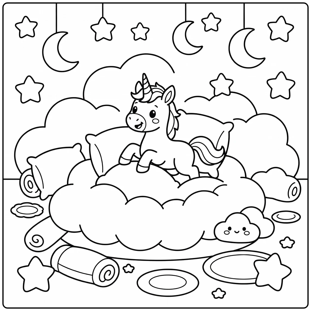 Baby unicorn coloring page: foal tumbling into cloud pillows