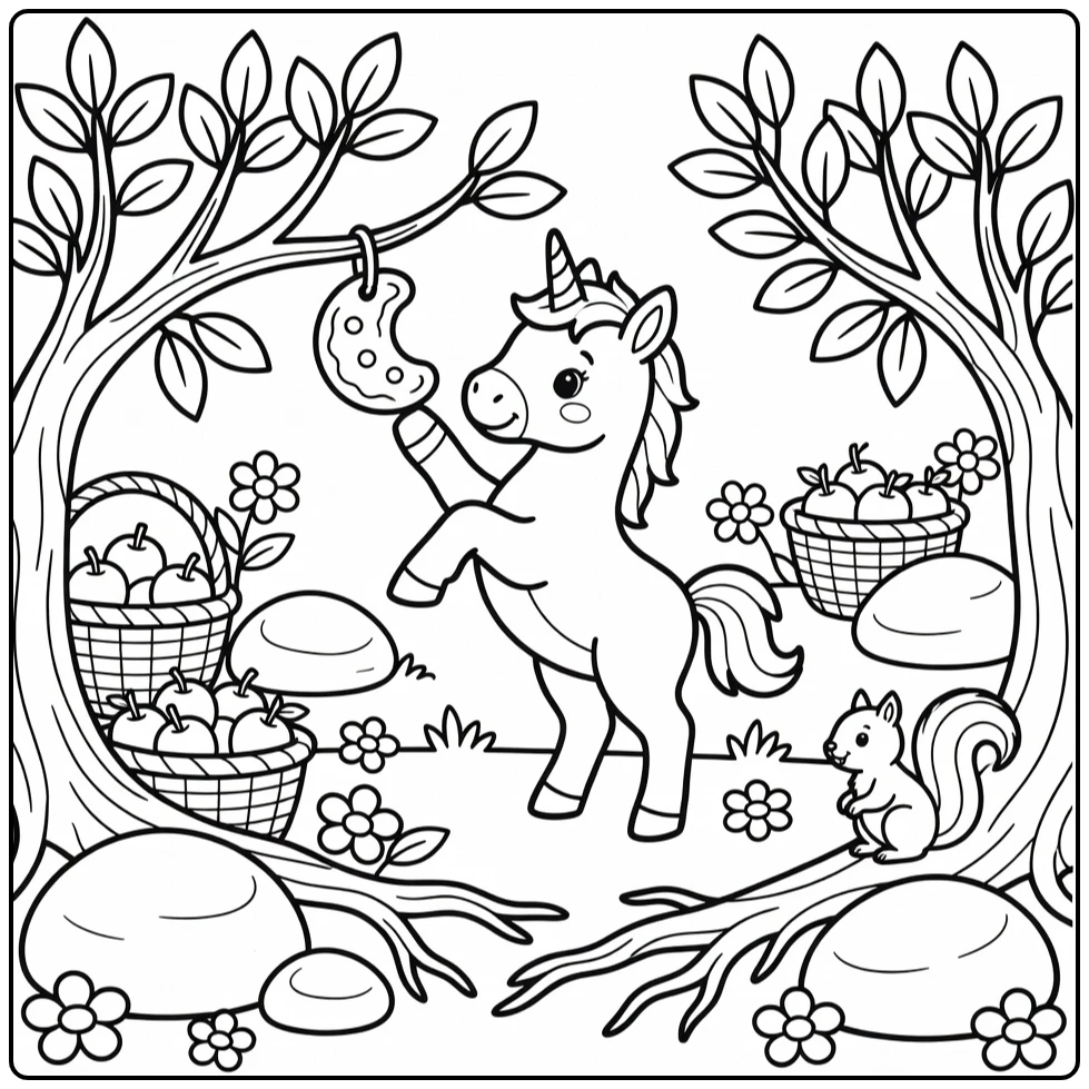 Baby unicorn coloring page: foal nibbles crescent cookie