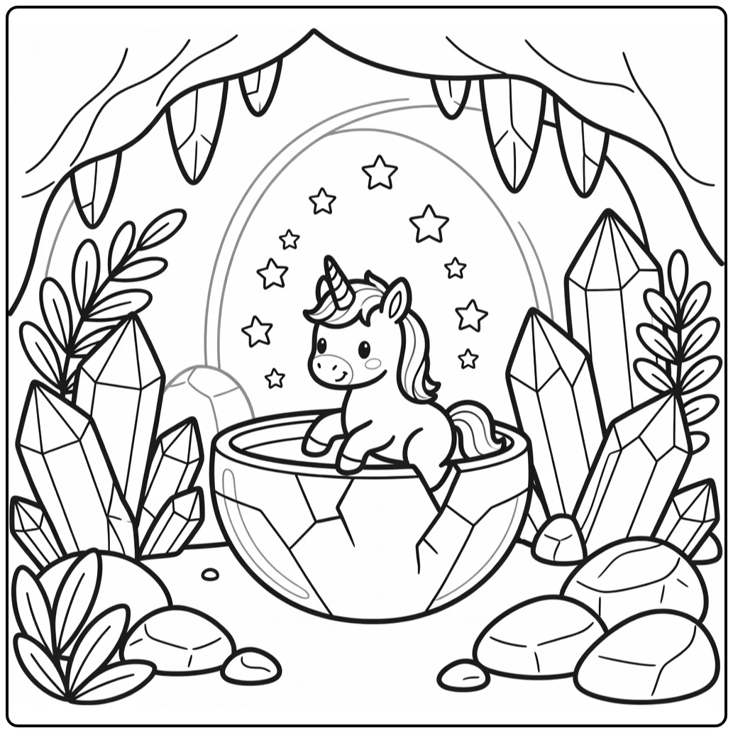 Baby unicorn coloring page with foal in crystal bowl