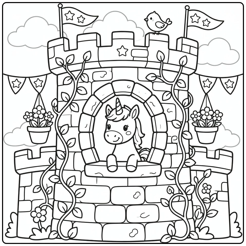 Baby unicorn coloring page: foal peeking from tower window