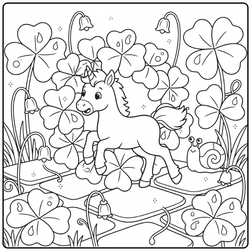 Baby unicorn coloring page: foal stuck in clover wreath, snail watches