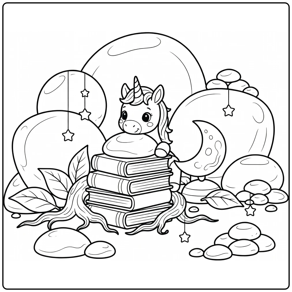 Baby unicorn coloring page: foal peeks from storybook stones