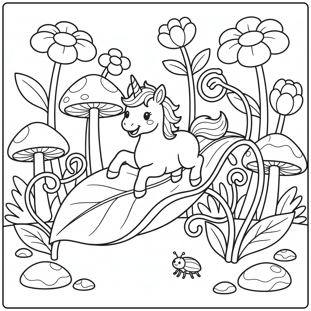 Baby unicorn coloring page: foal sliding on giant leaf